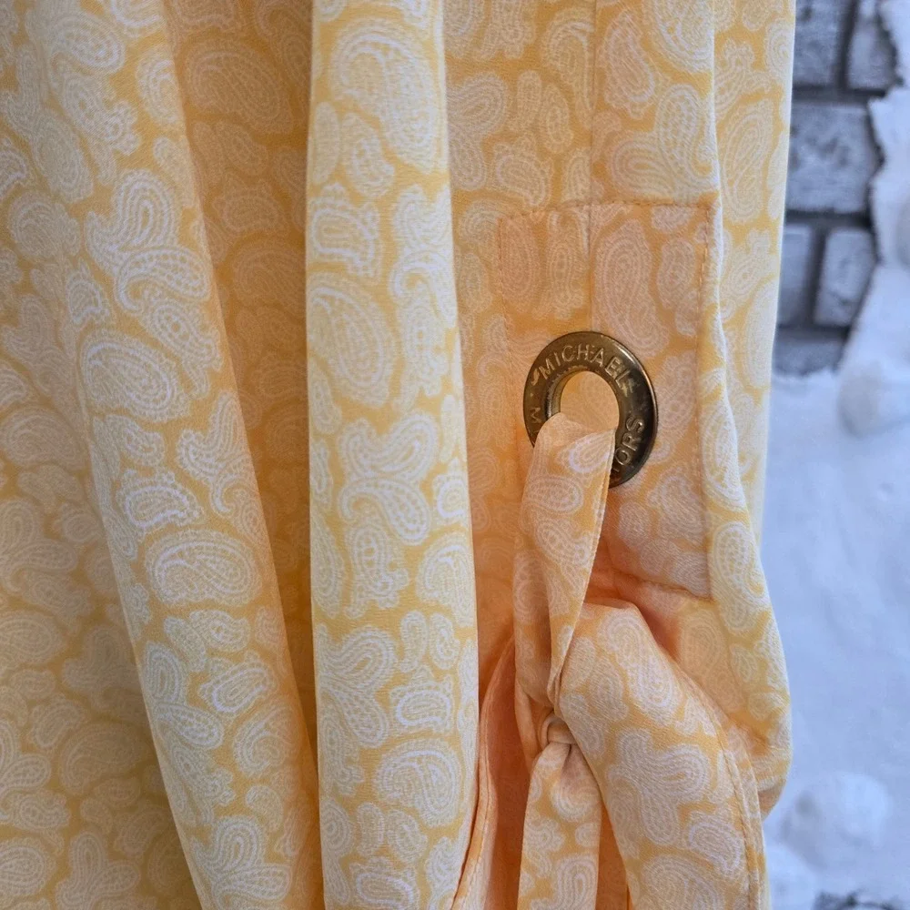 Michael Kors Yellow Paisley Blouson Top Boat Neck Grommet Tie Sleeve Blouse